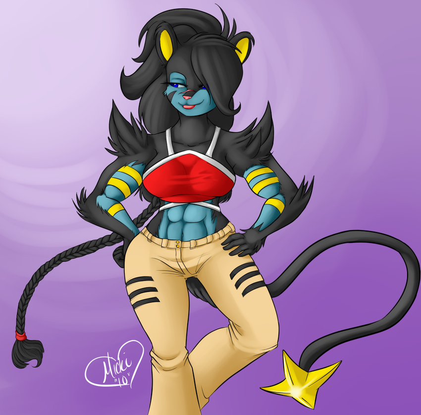 abs anthro black_fur black_hair blue_eyes braided_hair breasts clothed clothing digital_media_(artwork) female fist fur hair hand_on_butt hand_on_thigh long_hair luxray mammal micki navel nintendo pants pok&eacute;mon scar smile solo standing top video_games