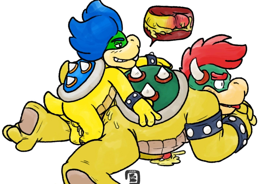 age_difference anal anal_penetration blue_hair blush bowser bowserboy101 cuffs_(disambiguation) cum duo father father_and_son hair horn koopa ludwig_von_koopa male male/male mario_bros messy nintendo parent penetration penis red_hair scalie shell simple_background size_difference slightly_chubby small_dom_big_sub son video_games white_background