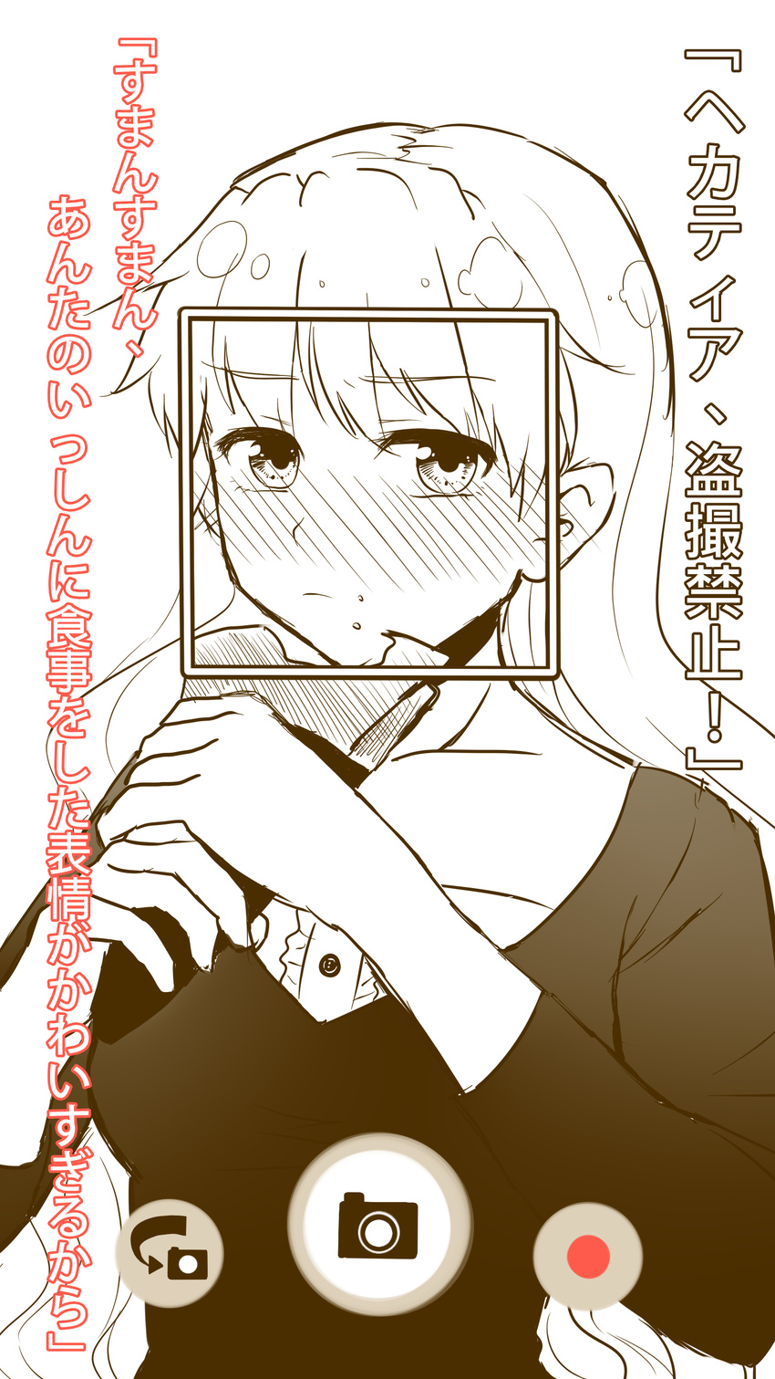 absurdres alternate_costume blush colored_text crepe crumbs food food_on_face frown highres junko_(touhou) looking_at_viewer monochrome no_hat no_headwear phone_screen putchin solo spot_color touhou translated viewfinder