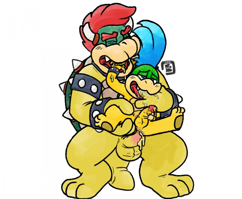 age_difference anal anal_penetration blue_hair blush bowser bowserboy101 cuffs_(disambiguation) cum cum_in_mouth cum_inside duo father father_and_son finger_in_mouth hair hand_in_mouth horn koopa larry_koopa leash male male/male mario_bros messy nintendo oral parent penetration penis red_hair saliva scalie shell simple_background size_difference son video_games white_background young