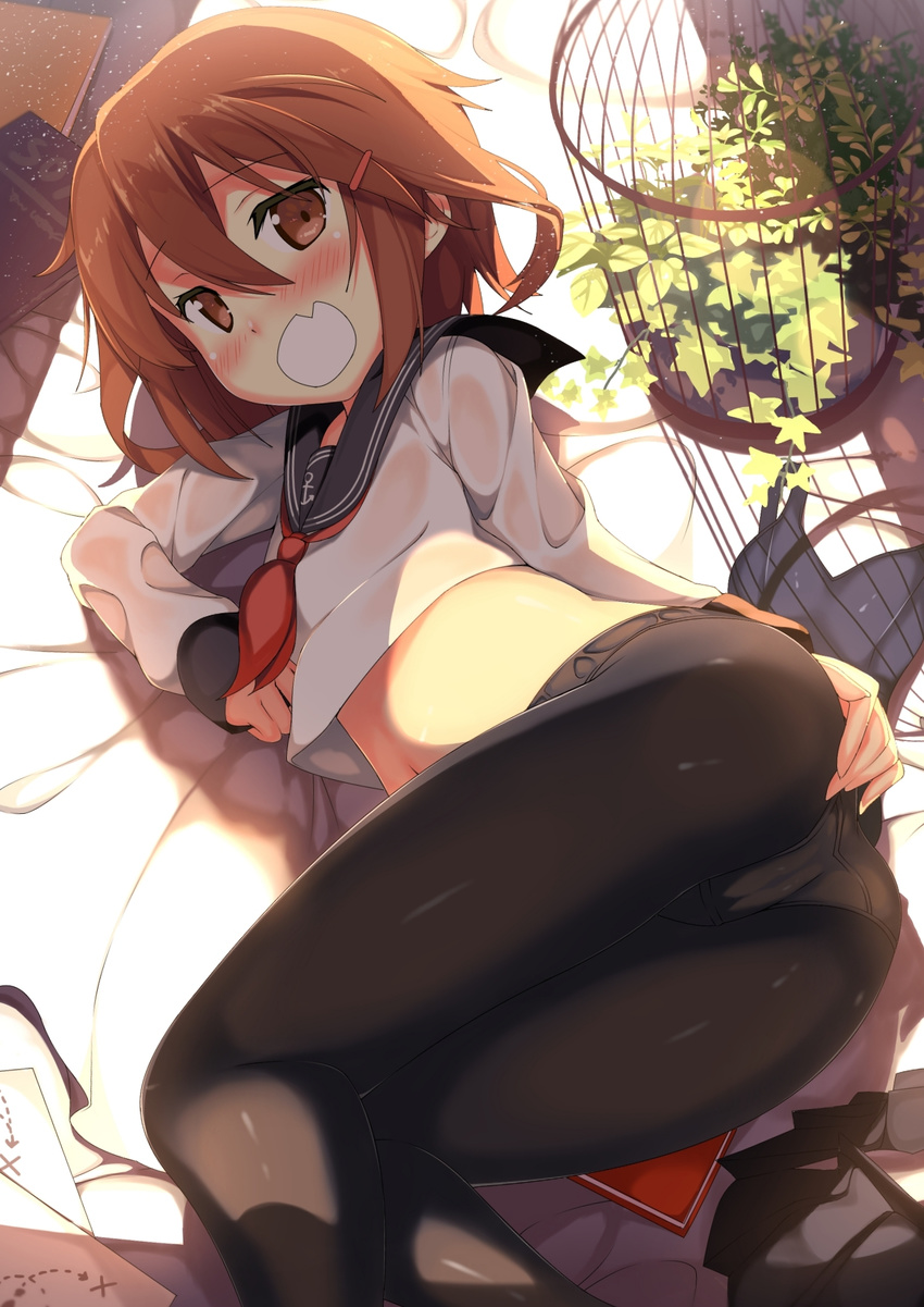 ass bangs black_legwear blush brown_eyes brown_hair cage commentary_request hair_ornament hairclip highres ikazuchi_(kantai_collection) kantai_collection kantoku_(style) kawai looking_at_viewer lying no_pants on_side open_mouth panties panties_under_pantyhose pantyhose school_uniform serafuku short_hair skirt skirt_removed solo underwear