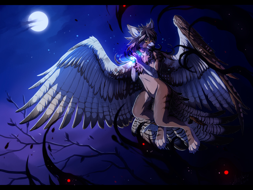 avian beak bird black_border border brown_fur brown_hair chest_tuft detailed_background feathered_wings feathers flying fur hair hioshiru leaf moon multicolored_fur navel night no_sclera outside sky star tree tuft wings yellow_eyes