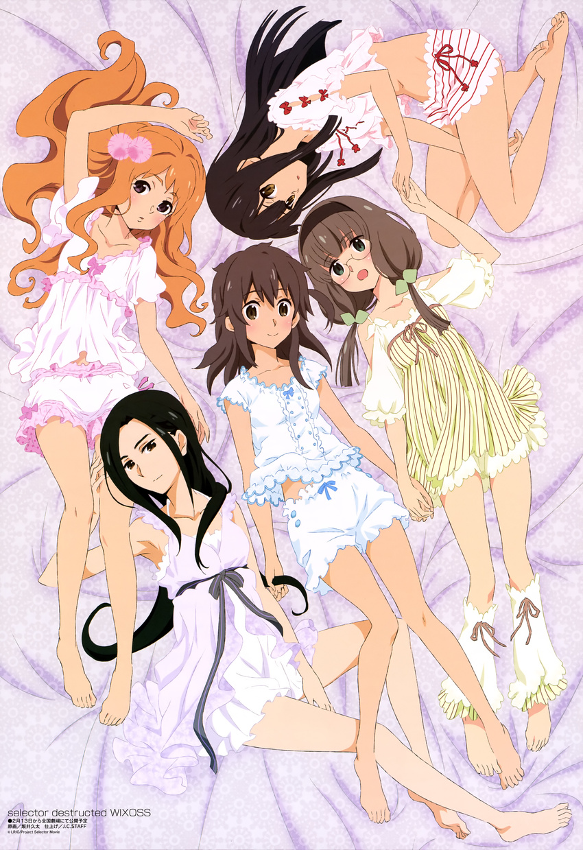 :d absurdres aoi_akira barefoot black_hair blush brown_hair feet footsies glasses highres kominato_ruuko kurebayashi_yuzuki long_hair multiple_girls nightgown official_art open_mouth orange_hair pajamas sakai_kyuuta selector_wixoss short_hair shorts smile uemura_hitoe urazoe_iona wixoss