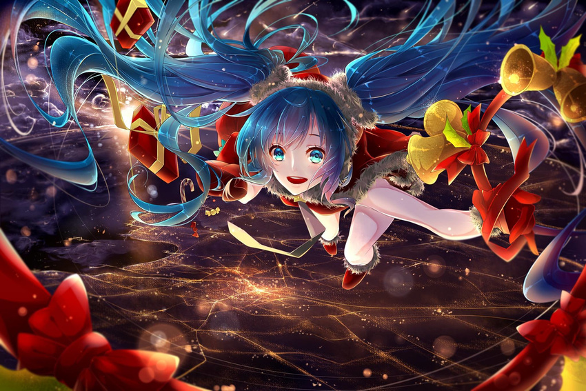 aqua_eyes aqua_hair bell christmas floating_hair flying gift hatsune_miku highres long_hair night open_mouth phino solo sunrise twintails very_long_hair vocaloid