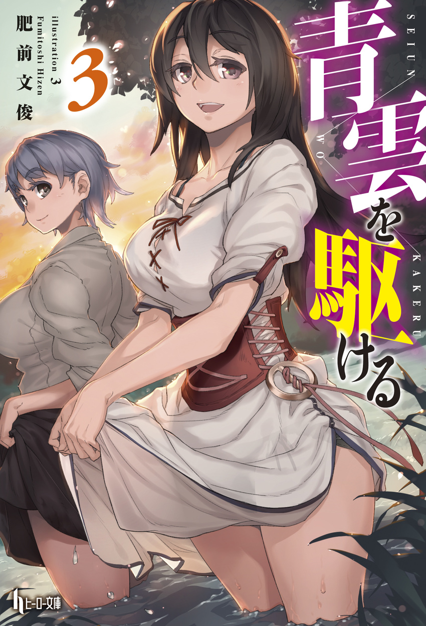 artist_name breasts brown_eyes brown_hair character_request copyright_name corset cover cover_page dress dress_lift hair_between_eyes highres large_breasts long_hair looking_at_viewer multiple_girls novel_cover official_art open_mouth outdoors panties see-through seiun_wo_kakeru short_hair side-tie_panties silver_hair skirt skirt_lift smile sun-3 tanya_(seiun_wo_kakeru) text_focus underwear wading water