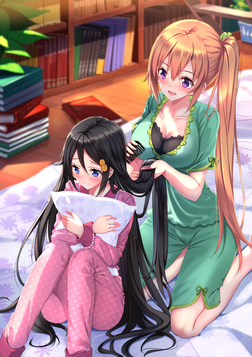 bangs black_bra black_hair blanket blonde_hair blue_eyes blush book_stack bookshelf bra breasts cleavage collarbone comb combing hair_between_eyes hair_ornament hairdressing hand_in_another's_hair highres indoors izumi_reina kawakami_mai kneeling knees_up lace lace-trimmed_bra large_breasts long_hair long_sleeves looking_at_another looking_away mole mole_under_eye multiple_girls musaigen_no_phantom_world on_floor open_mouth pajamas parted_bangs pillow pillow_hug plant polka_dot polka_dot_pajamas purple_eyes short_sleeves shorts side_ponytail sitting sleepover smile swordsouls underwear unmoving_pattern very_long_hair wooden_floor