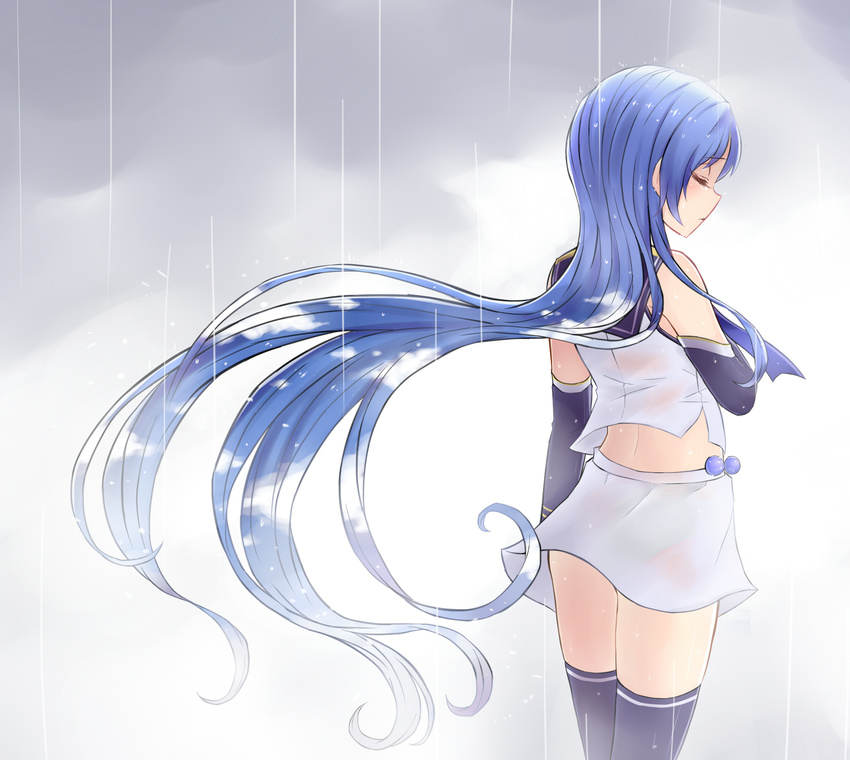 absurdres black_gloves black_legwear blue_neckwear blush closed_eyes cowboy_shot elbow_gloves eyebrows_visible_through_hair floating_hair from_behind from_side gloves highres kantai_collection long_hair marble necktie neit_ni_sei profile rain sailor_collar samidare_(kantai_collection) school_uniform see-through serafuku shirt skirt sleeveless solo standing thighhighs very_long_hair water wet wet_clothes wet_hair wet_shirt wet_skirt white_shirt white_skirt wind zettai_ryouiki