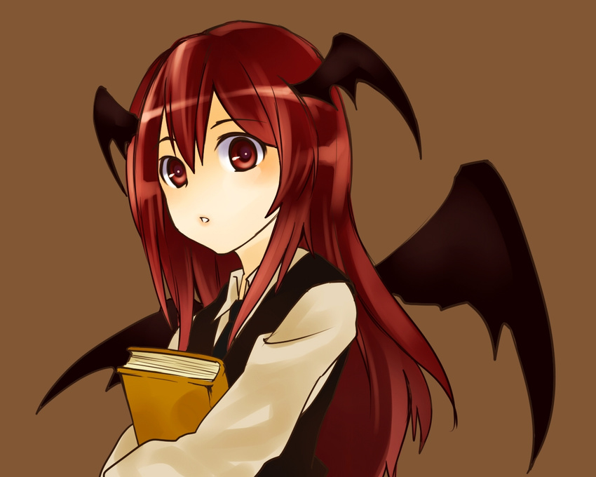 bat_wings book dress_shirt head_wings holding holding_book koakuma long_hair long_sleeves necktie red_eyes red_hair seitaka shirt solo touhou wings