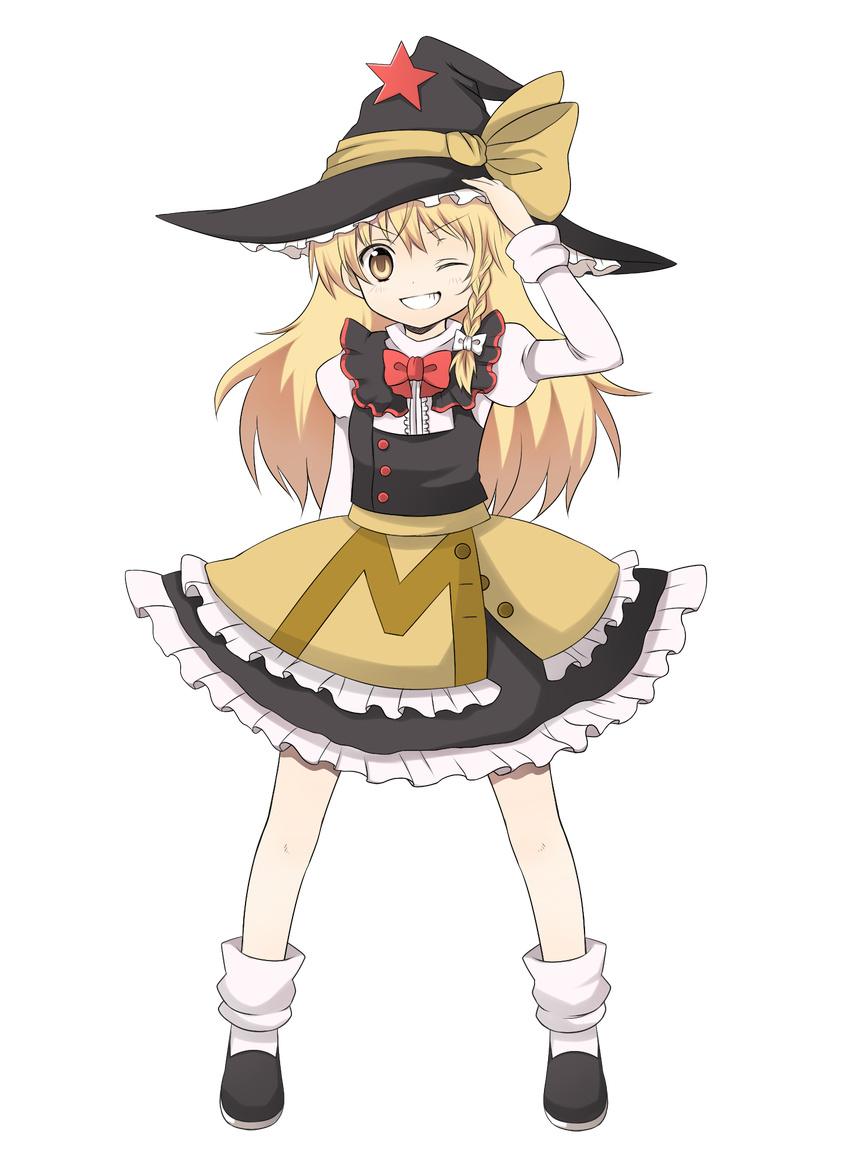 bad_id bad_pixiv_id blonde_hair bow braid full_body grin hand_on_headwear hat highres kirisame_marisa long_hair one_eye_closed sakeko smile solo standing star touhou transparent_background witch_hat yellow_eyes