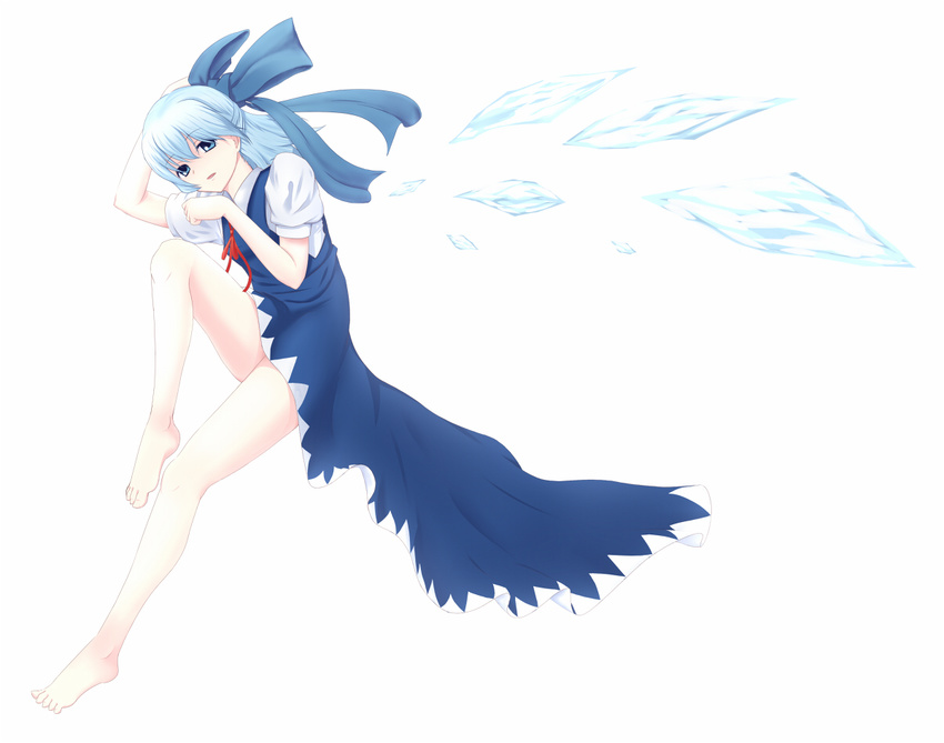 barefoot blue_eyes blue_hair bow cirno colorized hair_bow murakami_(eito) short_hair solo touhou wings