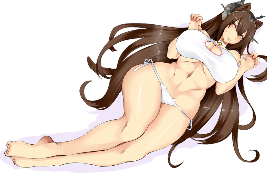 animal_ears bangs bra breasts brown_hair cat_ears cat_lingerie choker erimiko hair_between_eyes headgear image_sample kantai_collection large_breasts legs_together long_hair lying meme_attire nagato_(kantai_collection) navel on_back panties paw_pose pixiv_sample red_eyes shadow side-tie_panties simple_background solo stomach thighs toe_scrunch toes underwear very_long_hair white_background white_bra white_panties