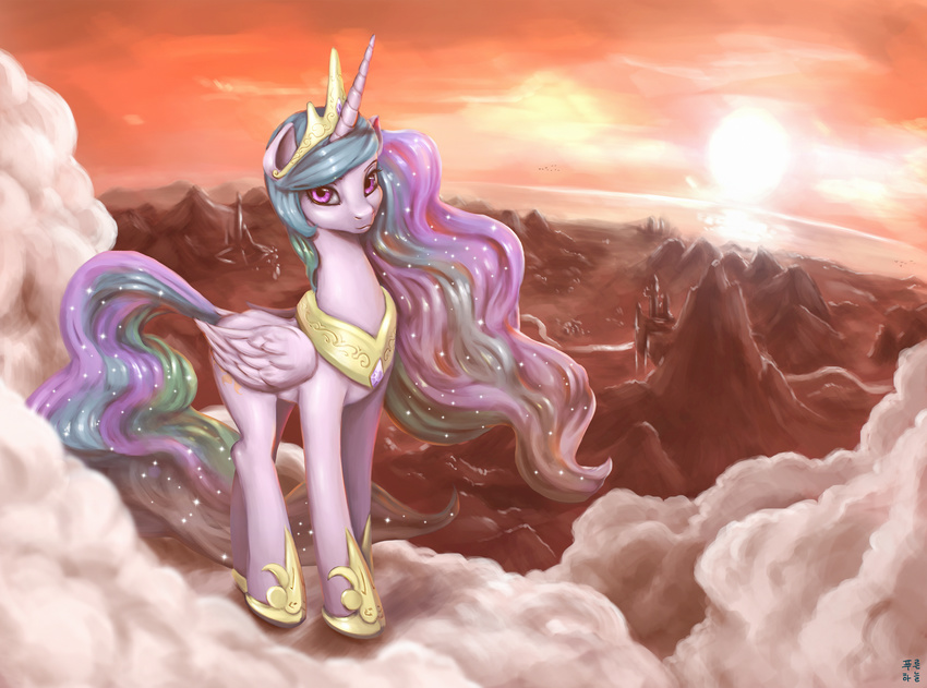 2012 absurd_res canterlot cloud crown cutie_mark equine feathered_wings feathers female feral friendship_is_magic fur hair hi_res horn jewelry landscape looking_at_viewer mammal moutnain mrs1989 multicolored_hair my_little_pony necklace outside princess_celestia_(mlp) purple_eyes royalty sky solo sun white_feathers white_fur winged_unicorn wings