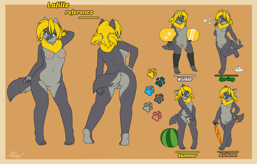2016 anthro beach_ball blonde_hair blue_eyes breasts brown_background butt canine clothing female front_view fur grey_fur hair helsy lafille leg_warmers legwear mammal model_sheet mostly_nude multicolored_fur multiple_poses neck_tuft nude on_one_leg plantigrade pose pussy rear_view simple_background snowboard solo standing tiptoes tuft two_tone_fur umbrella wolf