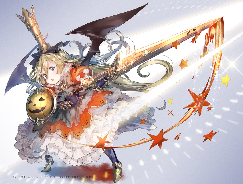 :o armor armored_boots bat_wings black_wings blonde_hair blue_eyes boots bow bowtie breastplate charlotta_fenia crown dress frilled_dress frills full_body gauntlets gradient granblue_fantasy grey_bow hair_between_eyes hair_ornament holding holding_sword holding_weapon huge_weapon jack-o'-lantern legs_apart long_hair motion_lines open_mouth orange_dress pointy_ears print_dress puffy_short_sleeves puffy_sleeves red_dress revision shield short_sleeves solo sparkle standing star sword very_long_hair weapon wings yuugen