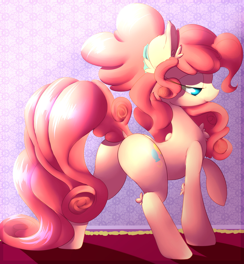 2016 alternate_hairstyle blue_eyes butt chest_tuft cutie_mark dock earth_pony equine female feral friendship_is_magic fur hair horse inside long_hair madacon mammal my_little_pony pink_fur pink_hair pink_tail pinkie_pie_(mlp) pony smile solo standing tuft