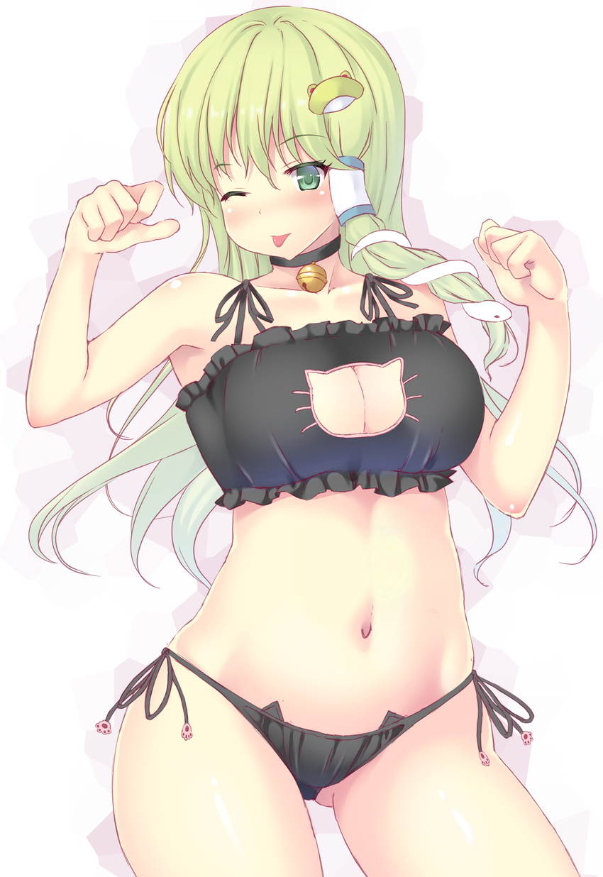 bell bell_choker black_bra black_panties blush bra breasts cat_cutout cat_ear_panties cat_lingerie choker cleavage cleavage_cutout collarbone frog_hair_ornament green_eyes green_hair hair_ornament highres ichio jingle_bell kochiya_sanae large_breasts long_hair meme_attire navel one_eye_closed panties side-tie_panties smile snake_hair_ornament solo tongue tongue_out touhou underwear underwear_only very_long_hair