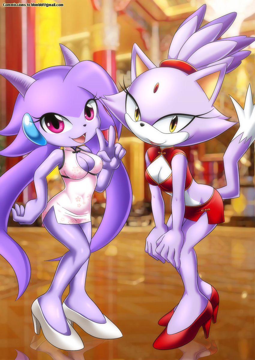 2016 anthro bbmbbf blaze_the_cat breasts cat cleavage clothed clothing dragon dress duo feline female forehead_gem freedom_planet fur high_heels mammal purple_body purple_eyes purple_fur sash_lilac skirt sonic_(series) video_games white_fur yellow_eyes