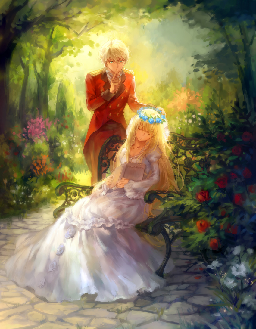 1girl aldnoah.zero asseylum_vers_allusia backlighting bangs blonde_hair blue_flower blue_rose book buttons closed_eyes collarbone double-breasted dress epaulettes finger_to_mouth flower frills garden grass hand_on_another's_head head_tilt head_wreath highres holding holding_book kanmuri_(hanyifan30338) long_dress long_hair long_sleeves looking_at_viewer military military_uniform open_book orange_flower outdoors pants pavement pink_flower puffy_long_sleeves puffy_sleeves putting_on_headwear red_flower red_pants red_rose rose shushing silver_hair sitting sky slaine_troyard sleeping standing tree uniform very_long_hair white_dress white_flower
