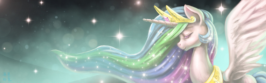 2014 abstract_background absurd_res crown cutie_mark equine eyes_closed feathered_wings feathers female feral friendship_is_magic fur hair hi_res horn jewelry mammal mrs1989 multicolored_hair my_little_pony necklace princess_celestia_(mlp) royalty solo spread_wings star white_feathers white_fur winged_unicorn wings