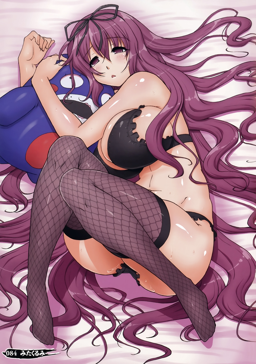 :&lt; absurdres bare_shoulders breasts doll fishnet_legwear fishnets hair_ribbon highres huge_breasts long_hair lying mita_kurumi murasaki_(senran_kagura) on_back purple_eyes purple_hair ribbon senran_kagura sideboob solo sweat thighhighs thighs very_long_hair