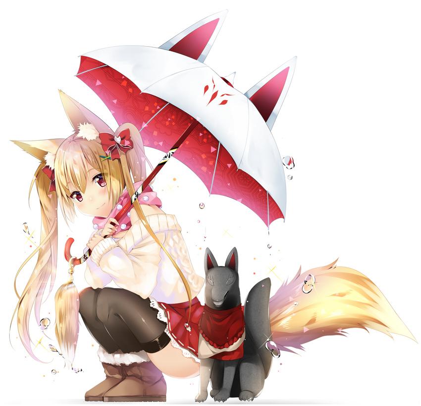 animal_ear_fluff animal_ears animal_themed_umbrella bare_shoulders black_legwear blush boots bow fox fox_ears fox_tail fur_boots hair_bow hair_ornament hairclip highres kneeling long_hair off-shoulder_sweater original print_umbrella red_eyes simple_background skirt smile solo sweater tail thighhighs twintails ugg_boots umbrella usagihime white_background