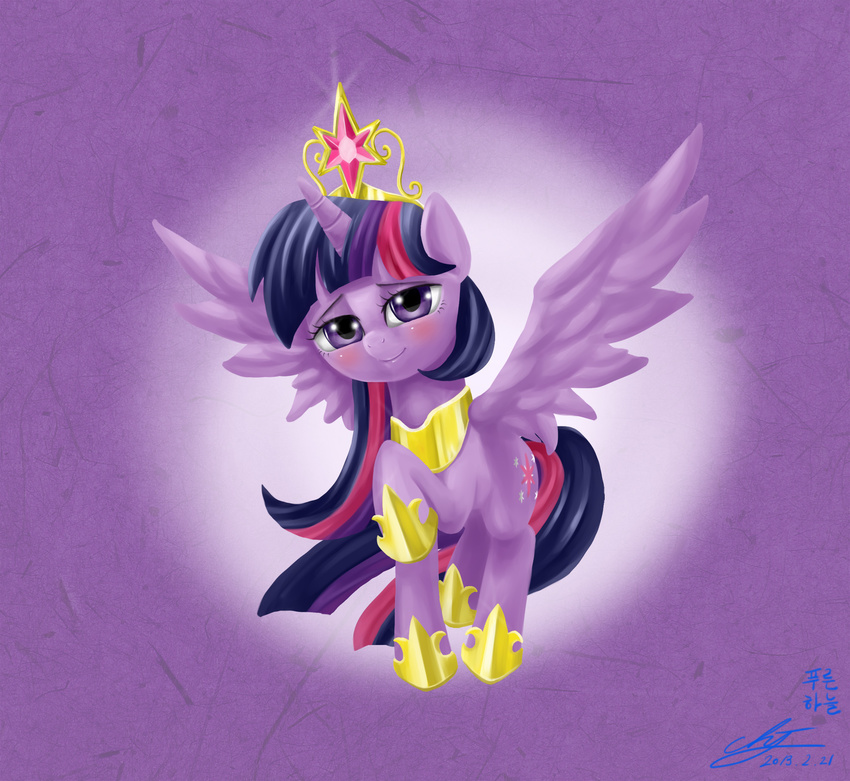 2015 abstract_background blush crown cutie_mark equine feathered_wings feathers female feral flying friendship_is_magic fur hair hi_res horn jewelry looking_at_viewer mammal mrs1989 multicolored_hair my_little_pony necklace purple_eyes purple_feathers purple_fur smile solo twilight_sparkle_(mlp) winged_unicorn wings