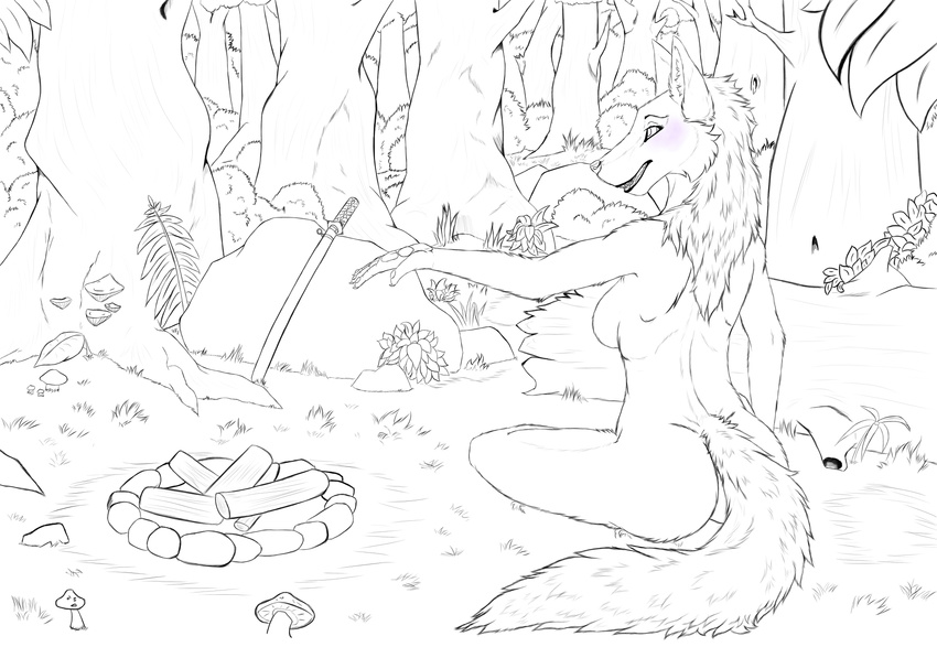 black_and_white bonfire bushes canine detailed_background female flower forrest grass hi_res katana leaves log lori mammal melee_weapon monochrome mushroom nature nude plant plejman sitting stone sword tree weapon wolf wood