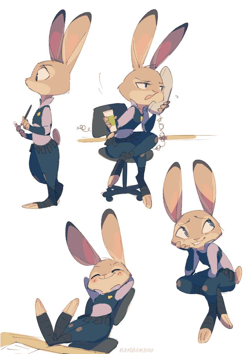 blush buckteeth clothing cute disney eyes_closed female fur grey_fur judy_hopps lagomorph long_ears mammal pen pencil phone police_uniform purple_eyes rabbit rambamboo sitting smile solo standing teeth uniform zootopia