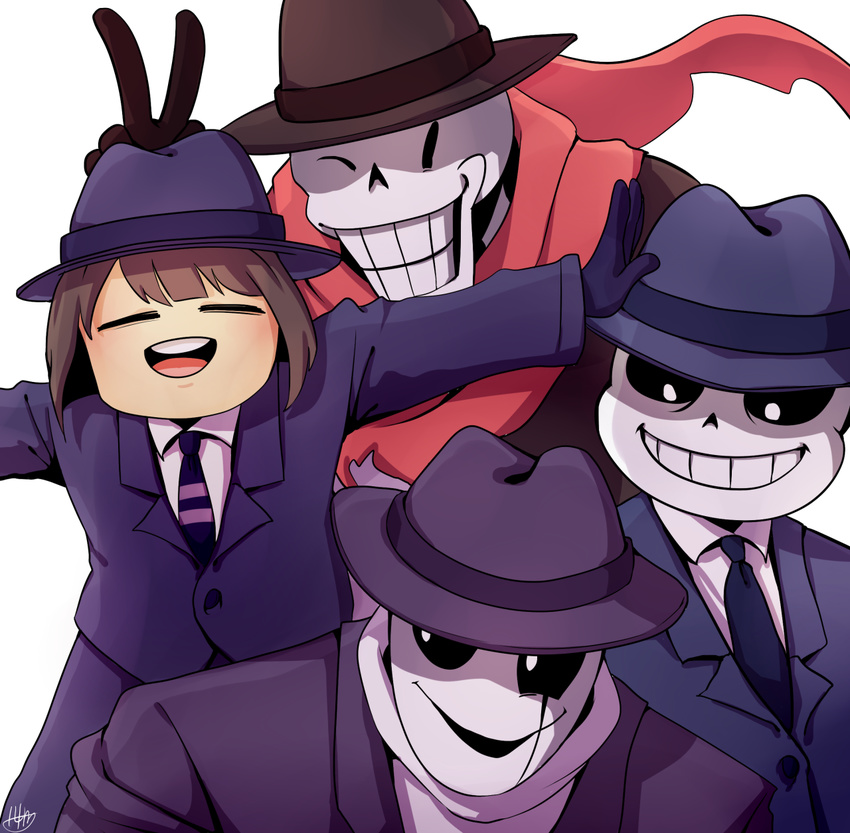 bone child clothed clothing fedora gaster gloves hair hat hi_res human invalid_tag kiatokid male mammal monster necktie not_furry one_eye_closed papyrus_(undertale) protagonist_(undertale) sans_(undertale) scarf skeleton smile suit undead undermafia undertale video_games wink young