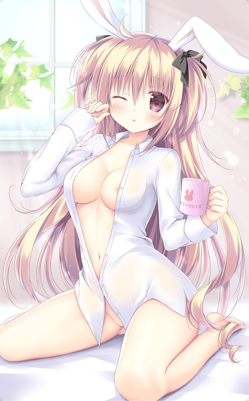 absurdres animal_ears areola areola_slip areolae bare_legs blonde_hair blush bottomless bow breasts bunny_ears cup dress_shirt hair_bow highres korie_riko long_hair long_sleeves looking_at_viewer medium_breasts mug navel no_bra no_panties one_eye_closed open_clothes open_shirt original purple_eyes sitting solo very_long_hair wariza window