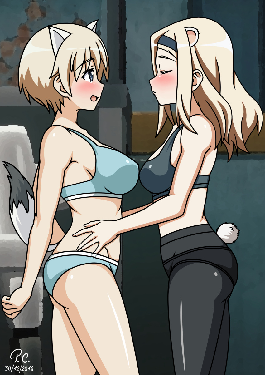 2girls absurdres aleksandra_i_pokryshkin animal_ears bear_ears bear_tail benji_29 black_bra black_legwear black_panties blonde_hair blue_bra blue_eyes blue_panties blush bra brave_witches breasts eyes_closed groin hair_ornament hairband hands_on_hips highres imminent_kiss large_breasts multiple_girls nikka_edvardine_katajainen open_mouth panties pantyhose smile tail underwear weasel_ears weasel_tail world_witches_series yuri