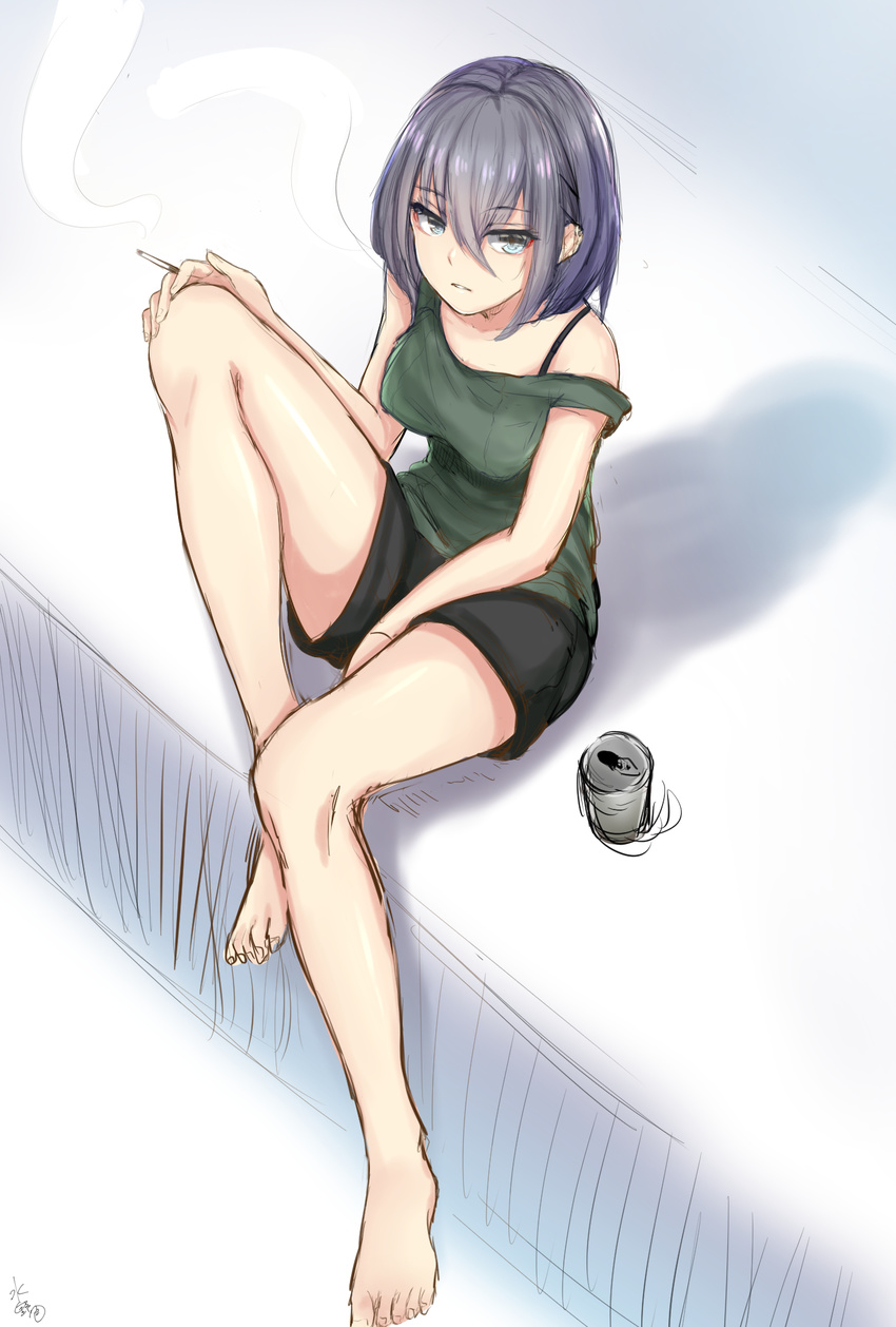 bangs bare_legs barefoot blue_eyes bra_strap can cigarette from_above green_shirt hair_between_eyes highres knee_up lavender_hair looking_at_viewer mizuiro_32 original shirt short_hair short_shorts shorts signature sitting sketch sleeveless sleeveless_shirt smoking solo strap_slip