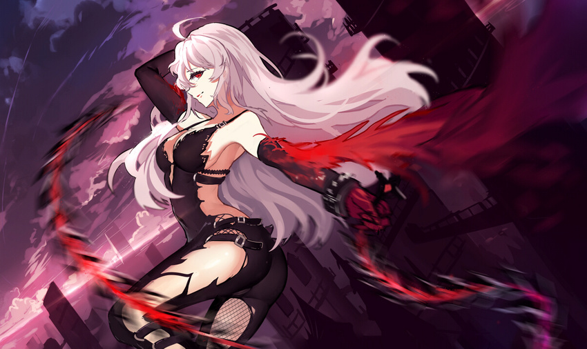ass backless_outfit baisi_shaonian bodysuit breasts bridge building cross demon_slayer_(dungeon_and_fighter) detached_sleeves dungeon_and_fighter female_slayer_(dungeon_and_fighter) gloves large_breasts long_hair looking_at_viewer red_eyes red_gloves sideboob silver_hair sky skyscraper solo thighs very_long_hair