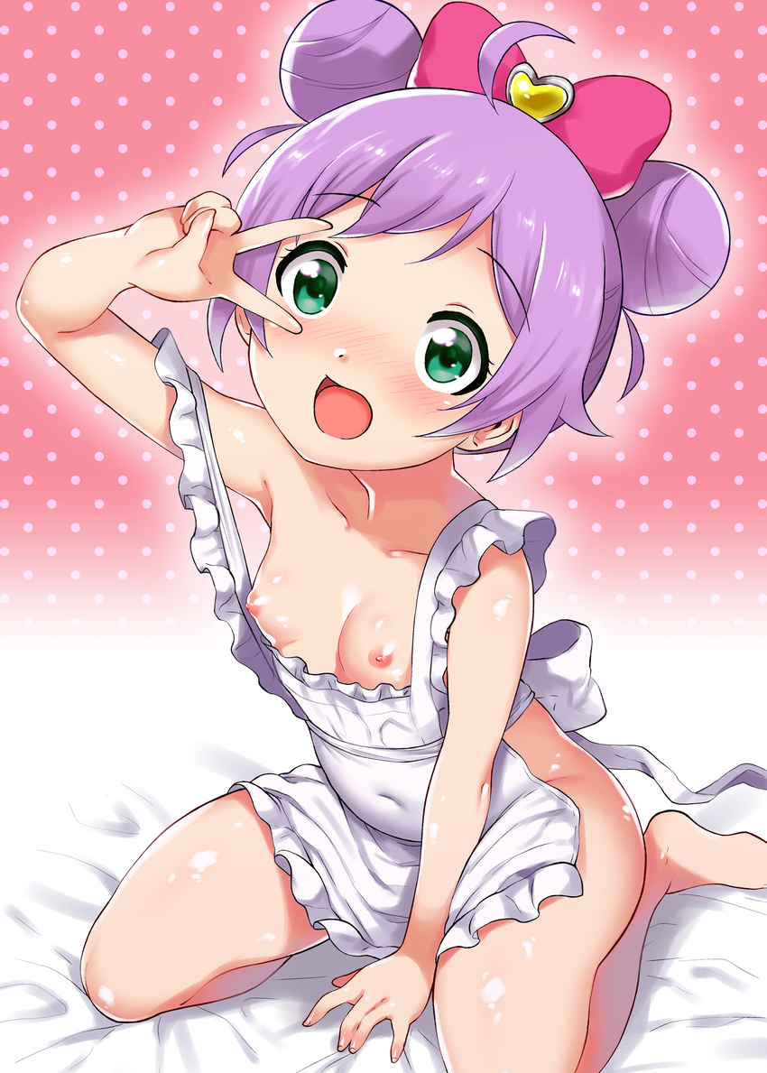 absurdres ahoge apron barefoot blush bow breasts covered_navel double_bun frills green_eyes hair_bow highres looking_at_viewer manaka_lala naked_apron nipples open_mouth pretty_(series) pripara purple_hair short_hair sitting small_breasts smile solo v_over_eye yokkora