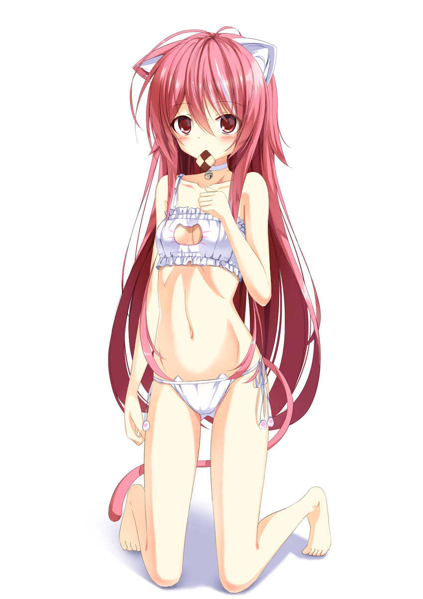 animal_ears barefoot bell blush bra breasts cat_ears cat_lingerie choker cleavage collarbone cookie food groin highres jingle_bell kneeling kurimu_(crim_soda) long_hair meme_attire mouth_hold navel original panties pink_eyes pink_hair side-tie_panties simple_background small_breasts solo tail underwear very_long_hair white_background white_bra white_panties