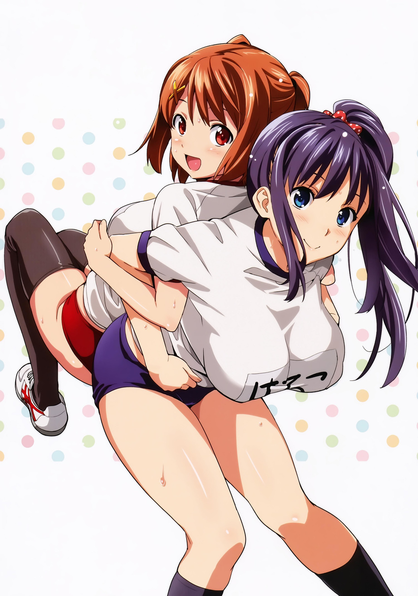 absurdres amaya_haruko back-to-back black_hair black_legwear blue_eyes breasts buruma gym_uniform highres kushiya_inaho large_breasts long_hair looking_at_viewer maken-ki! multiple_girls open_mouth red_eyes red_hair side_ponytail slit_pupils smile sweat thighhighs twintails