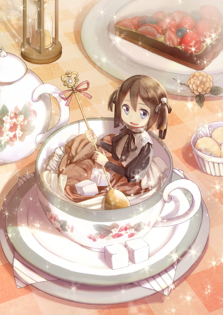 absurdres bangs blue_eyes blueberry bowl brown_hair brown_skirt cookie cup dress flower food fruit gingham hair_ribbon heath_(artist) highres holding holding_spoon hourglass in_container in_cup juliet_sleeves light_particles long_skirt long_sleeves looking_at_viewer minigirl neck_ribbon open_mouth original plate puffy_sleeves ribbon saucer short_hair short_twintails sitting skirt smile solo spoon strawberry sugar_cube tablecloth tart_(food) teacup teapot toast twintails