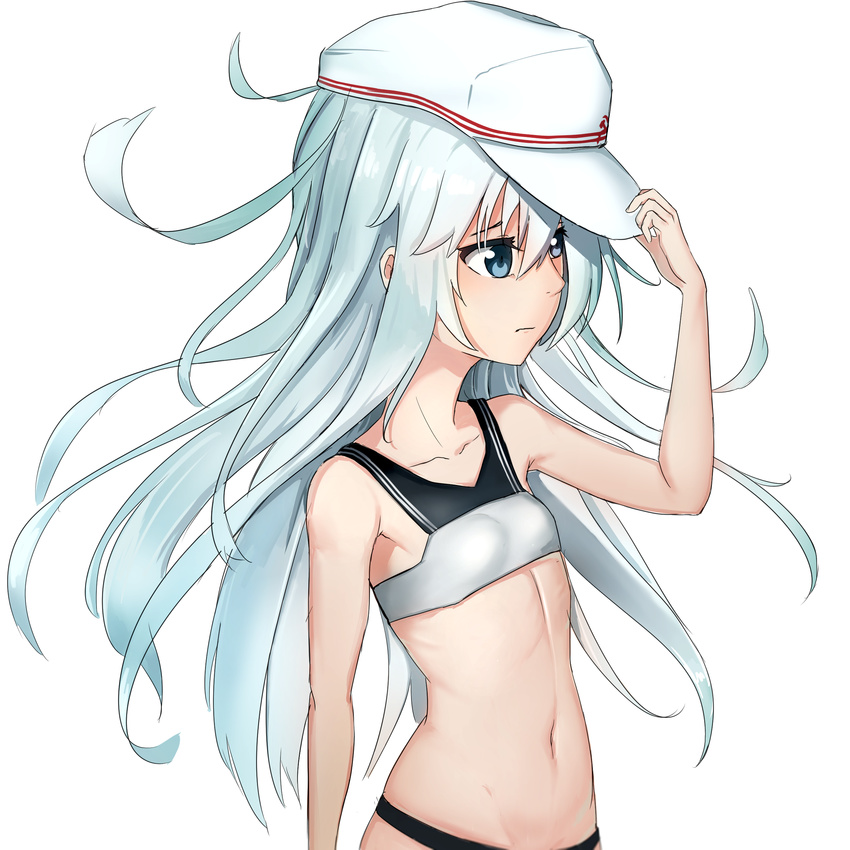 absurdres adjusting_clothes adjusting_hat armpits bad_id bad_pixiv_id bandeau bare_shoulders bikini blue_eyes blush collarbone cowboy_shot expressionless from_side hammer_and_sickle hat hibiki_(kantai_collection) highres kantai_collection long_hair looking_to_the_side midriff navel rubellent silver_hair simple_background smile solo stomach swimsuit tsurime verniy_(kantai_collection) very_long_hair wavy_mouth white_background white_hat