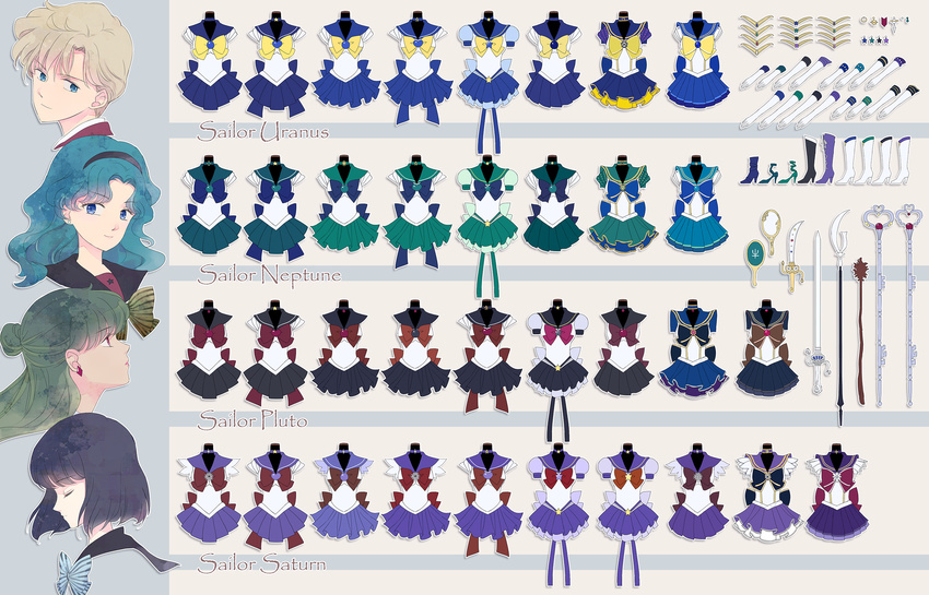 aqua_hair bishoujo_senshi_sailor_moon black_bow black_choker black_footwear black_hair black_skirt blonde_hair blue_bow blue_choker blue_eyes blue_footwear blue_sailor_collar blue_skirt boots bow brooch brown_bow character_name choker closed_eyes costume_chart deep_aqua_mirror earrings garnet_rod gloves green_footwear green_hair green_skirt grey_bow hair_bun hairband highres jewelry kaiou_michiru layered_skirt long_hair meiou_setsuna multiple_girls neptune_symbol outer_senshi pleated_skirt polearm profile puffy_sleeves purple_footwear purple_sailor_collar purple_skirt red_bow red_eyes sailor_collar sailor_moon_musical sailor_neptune sailor_pluto sailor_saturn sailor_senshi sailor_senshi_uniform sailor_uranus saki_(hxaxcxk) shoes short_hair silence_glaive skirt smile space_sword spear staff star star_choker super_sailor_neptune super_sailor_neptune_(stars) super_sailor_pluto super_sailor_pluto_(stars) super_sailor_saturn super_sailor_saturn_(stars) super_sailor_uranus super_sailor_uranus_(stars) sword ten'ou_haruka tiara tomoe_hotaru very_short_hair weapon white_footwear white_gloves yellow_bow