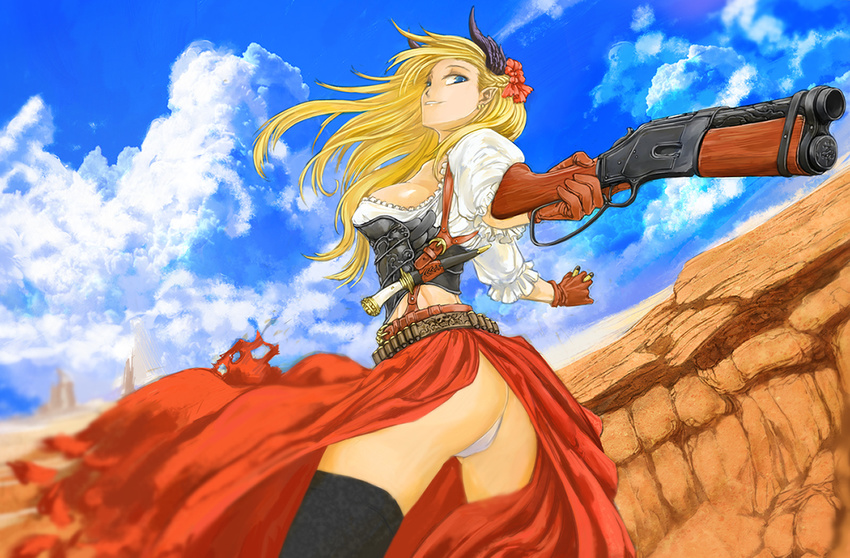 ammunition blonde_hair canyon cervus cloud commentary_request cowboy_shot dagger day flower from_side gloves gun hair_flower hair_ornament horns lever_action long_hair looking_back mare's_leg panties pantyshot pantyshot_(standing) pixiv_fantasia pixiv_fantasia_t pointy_ears skirt sky smile solo standing underwear weapon western