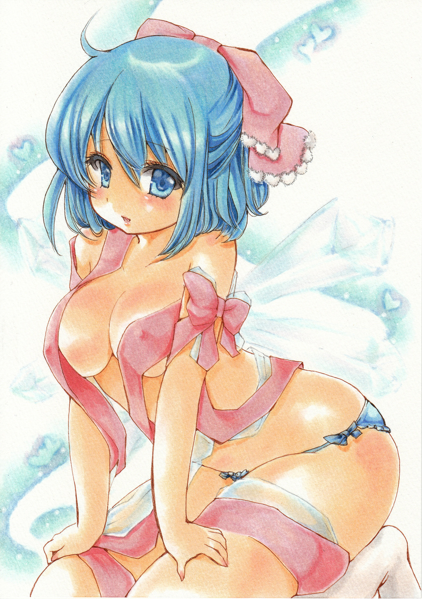 absurdres alternate_breast_size blue_eyes blue_hair blue_panties blush bow breasts cirno cleavage commentary covered_nipples gift_wrapping hair_bow happy_valentine highres ice ice_wings large_breasts marker_(medium) open_mouth panties seiza sitting solo touhou traditional_media underwear valentine wings yurun