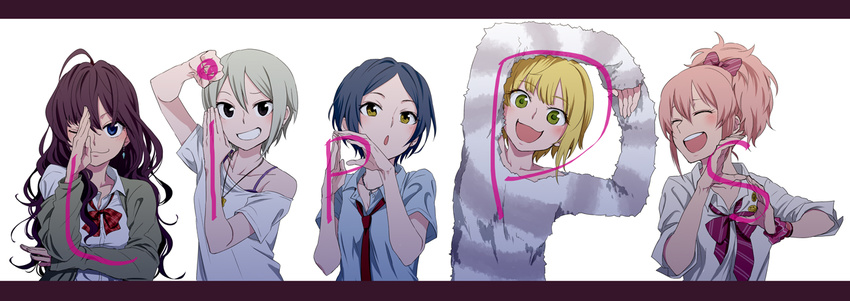 :3 bangs bare_shoulders black_eyes black_hair blonde_hair blue_eyes blush bow bowtie breasts brown_hair cleavage commentary_request earrings facing_another green_eyes grin hair_bow hayami_kanade high_ponytail ichinose_shiki idolmaster idolmaster_cinderella_girls idolmaster_cinderella_girls_starlight_stage jewelry jougasaki_mika kyouno letter_pose lineup lipps_(idolmaster) long_hair looking_at_viewer medium_breasts miyamoto_frederica multiple_girls necklace necktie off_shoulder one_eye_closed open_mouth parted_bangs pink_hair ponytail pose school_uniform scrunchie shiomi_shuuko short_hair silver_hair smile unbuttoned wrist_scrunchie yellow_eyes