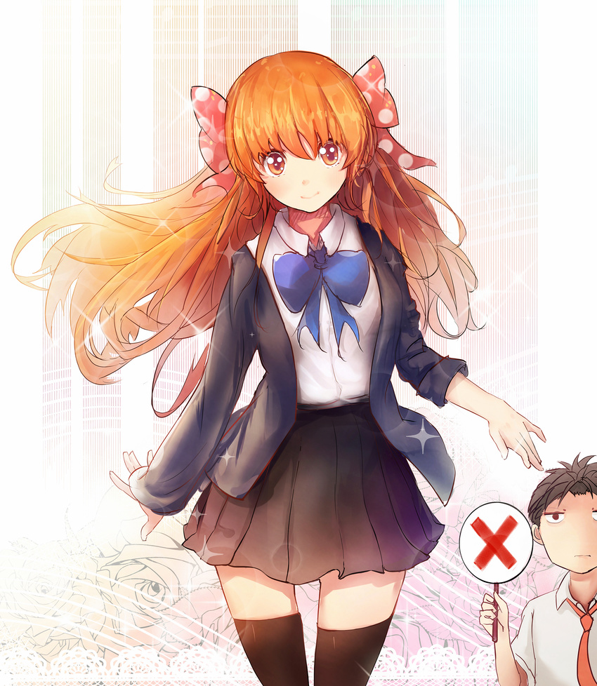 1girl bestspangya black_hair black_legwear blue_neckwear blue_ribbon bow cross gekkan_shoujo_nozaki-kun hair_bow hair_ribbon highres long_hair long_sleeves looking_at_viewer neck_ribbon necktie nozaki_umetarou orange_hair pleated_skirt polka_dot polka_dot_bow polka_dot_ribbon purple_eyes red_neckwear ribbon rouman_academy_uniform sakura_chiyo school_uniform sign skirt smile sparkle thighhighs uniform