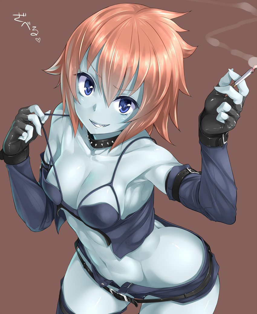 absurdres bangs belt blue_eyes blue_legwear blue_shorts blue_skin breasts brown_background buckle camisole cigarette collar crop_top detached_sleeves fingerless_gloves from_above genderswap genderswap_(mtf) gloves grin groin highres looking_at_viewer medium_breasts midnight_bliss midriff navel no_panties open_fly orange_hair orochi_itto red_hair sharp_teeth short_hair short_shorts shorts simple_background smile smoke solo spiked_collar spikes strap_pull teeth thighhighs unzipped vampire_(game) zabel_zarock