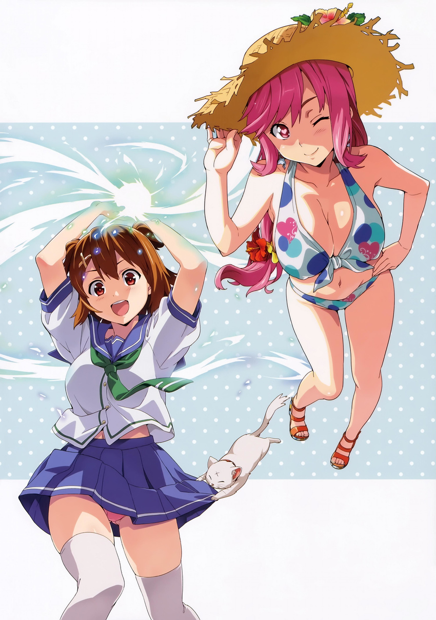 :d ;) absurdres adjusting_clothes adjusting_hat bikini blue_sailor_collar breasts brown_hair cat celia_ootsuka covered_nipples energy_ball flower front-tie_top hair_flower hair_ornament hand_on_hip hat hat_flower heart heart-shaped_pupils highres kushiya_inaho large_breasts long_hair looking_at_viewer low-tied_long_hair maken-ki! multiple_girls navel neckerchief one_eye_closed open_mouth panties pink_eyes pink_hair pink_panties polka_dot polka_dot_background red_eyes sailor_collar sandals school_uniform serafuku short_sleeves short_twintails smile straw_hat swimsuit symbol-shaped_pupils takeda_hiromitsu thighhighs twintails underwear upskirt white_legwear