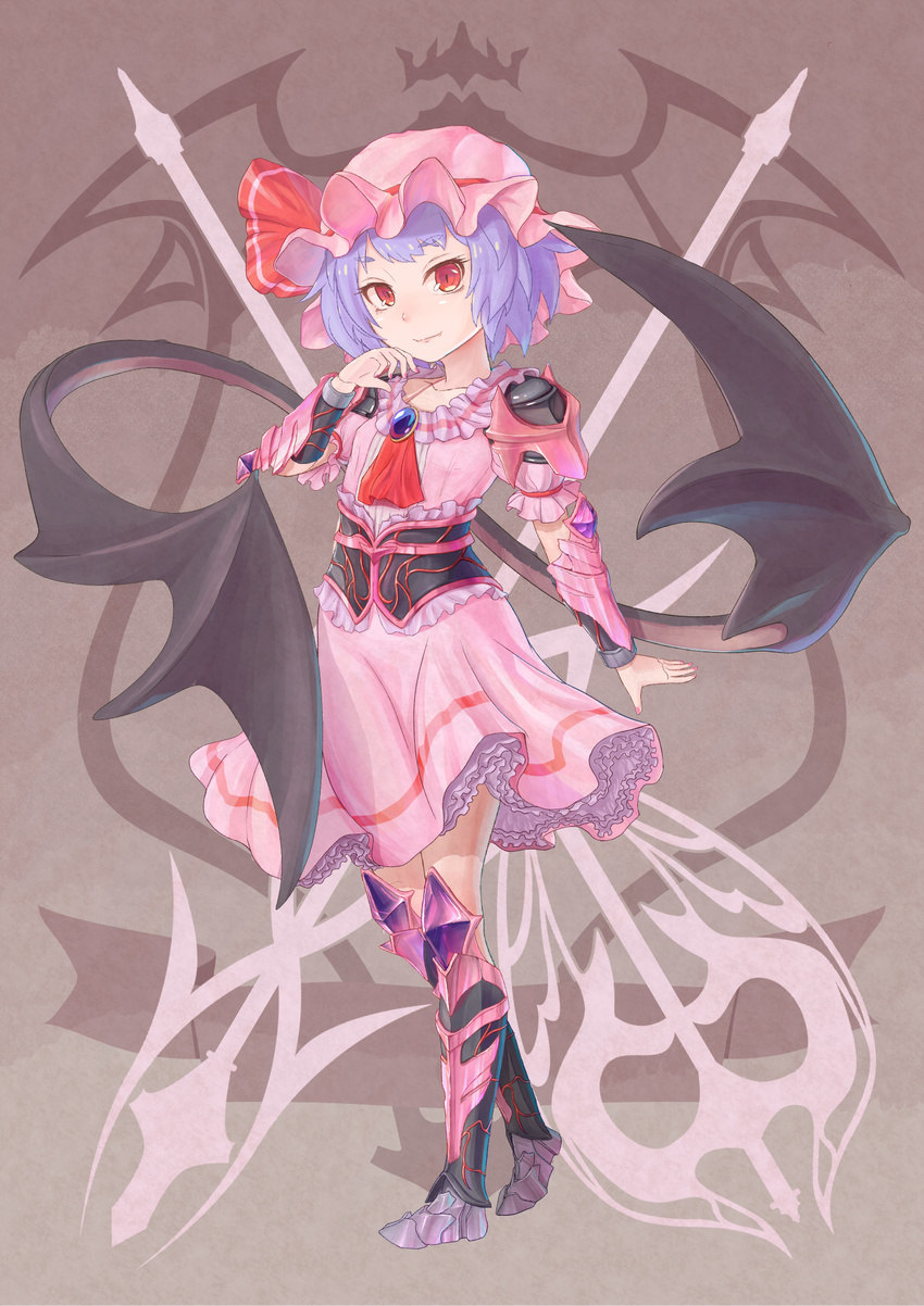 armor armored_boots armored_dress ascot bat_wings boots brown_background corset dress full_body gauntlets gradient gradient_background hat hat_ribbon highres lavender_hair looking_at_viewer mizuke_no_nai_tofu mob_cap nail_polish pink_dress puffy_sleeves red_eyes remilia_scarlet ribbon short_hair short_sleeves smile solo spear_the_gungnir touhou wings