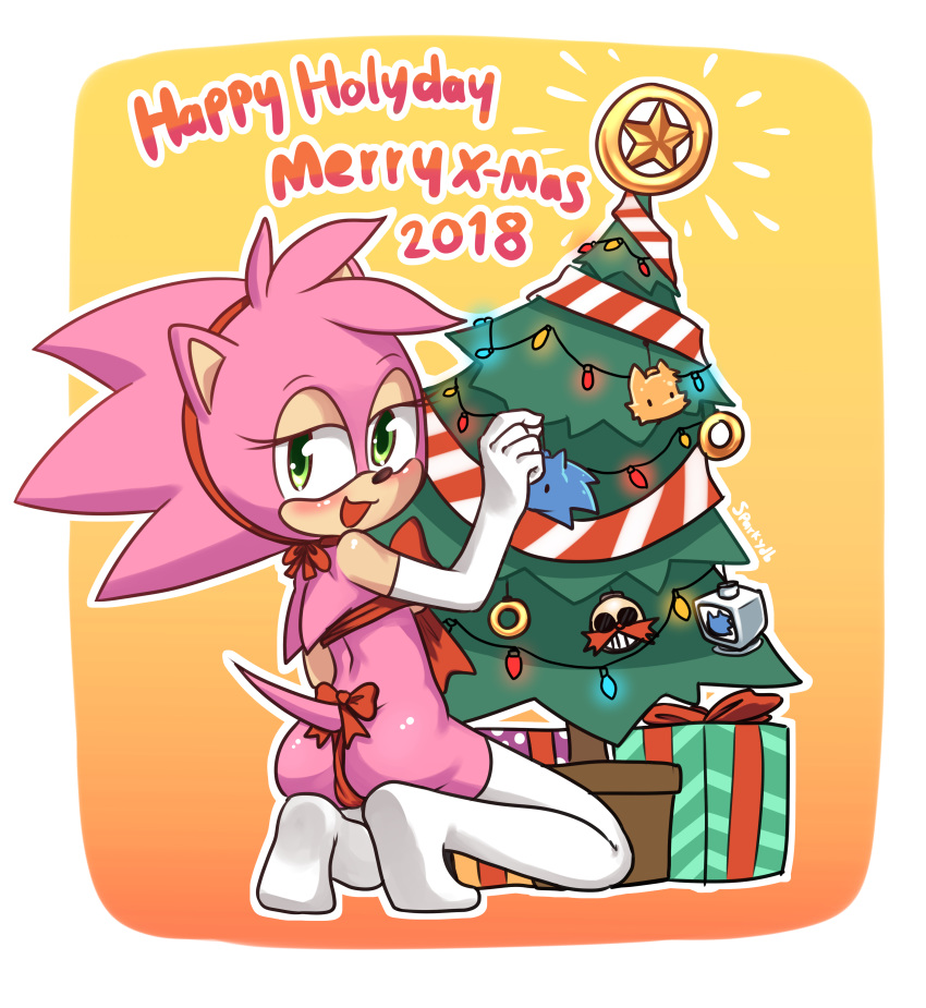 2018 absurd_res amy_rose anthro armwear bedroom_eyes blush breasts butt christmas christmas_lights christmas_ornament christmas_tree clothed clothing dr._eggman elbow_gloves english_text eulipotyphlan female gift gift_wrapped gloves green_eyes hairband half-closed_eyes hedgehog hi_res holidays kneeling legwear looking_at_viewer looking_back mammal miles_prower monitor open_mouth open_smile rear_view ribbons rosy_the_rascal seductive skimpy smile solo sonic_(series) sonic_the_hedgehog sparkydb star text thigh_highs tree under_boob