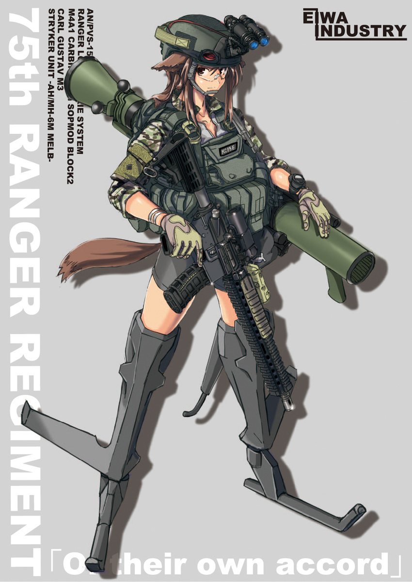 assault_rifle brown_hair collarbone gloves gun helmet highres laser_sight load_bearing_vest m3_maaws m4_sopmod_ii mecha_musume night_vision_device original recoilless_rifle rifle safety_glasses scope solo tail tom_keith trigger_discipline us_army weapon world_witches_series