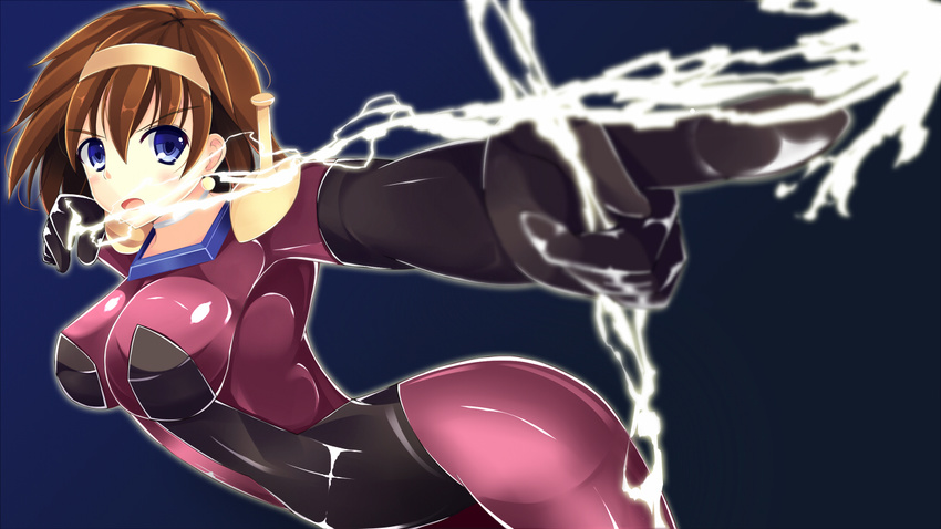 bad_id bad_pixiv_id blue_background blue_eyes blush bodysuit bow_(weapon) breasts brown_hair commentary_request earrings electricity g_gundam gundam hairband jewelry large_breasts mobile_trace_suit pink_bodysuit rain_mikamura short_hair skin_tight solo weapon youkan_(mattya_youkan)