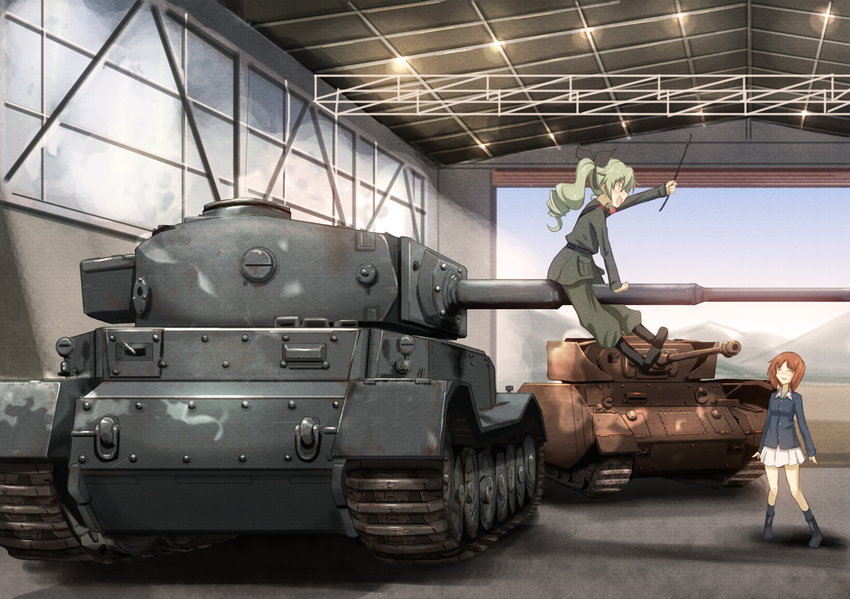 anchovy anzio_military_uniform arm_up blush boots brown_hair closed_eyes commentary_request garage girls_und_panzer grey_hair ground_vehicle hair_ribbon jinguu_(4839ms) military military_uniform military_vehicle motor_vehicle multiple_girls nishizumi_miho ooarai_military_uniform open_mouth panzerkampfwagen_iv ribbon school_uniform sitting skirt smile tank tiger_(p) uniform